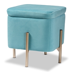 Baxton Studio Aleron Contemporary Glam and Luxe Sky Blue Velvet Fabric Upholstered and Gold Finished Metal Storage Ottoman